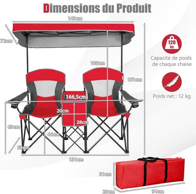 Chaise de campismo dupla com guarda-sol e vidro integrado