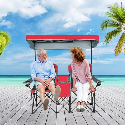 Chaise de campismo dupla com guarda-sol e vidro integrado